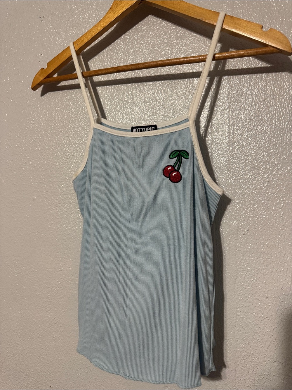 Hot Topic Light Blue Ribbed Cami Top White Trim Cherry Embroidered Patch Patch S